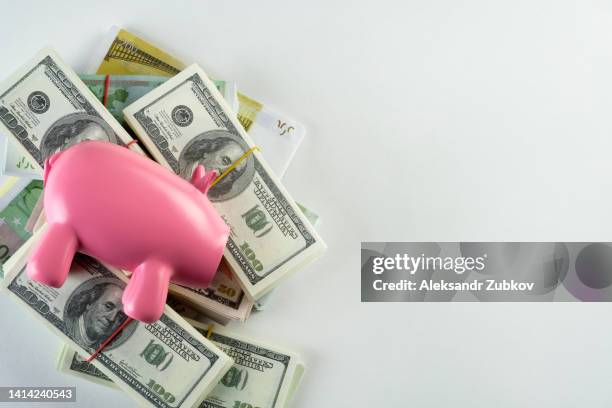 paper currency, dollar bills in bundles on a white background or table. nearby there is a piggy bank in the form of a pink pig. money and coins from different countries. the concept of business and finance, insurance, investment and accumulation of funds. - etf fotografías e imágenes de stock