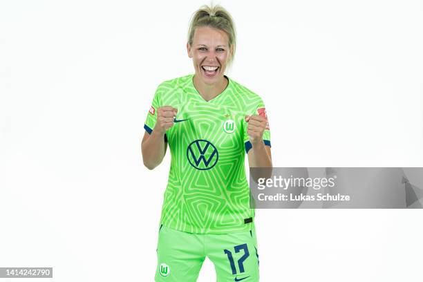 Kristin Demann of VfL Wolfsburg Women poses during the team presentation at AOK-Stadium on August 11, 2022 in Wolfsburg, Germany.