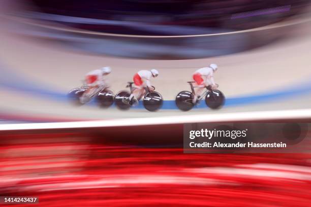 Nikola Sibiak, Urszula Los and Marlena Karwacka of Poland compete in the Women's Team Sprint Qualifying during the cycling track competition on day 1...