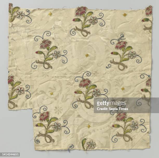 Fragment of silk damask with embroidered flower branches, Fragment of silk damask with embroidered flower branches, so-called prae bizar, Spain, ca....