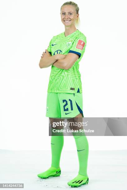 Rebecka Blomqvist of VfL Wolfsburg Women poses during the team presentation at AOK-Stadium on August 11, 2022 in Wolfsburg, Germany.