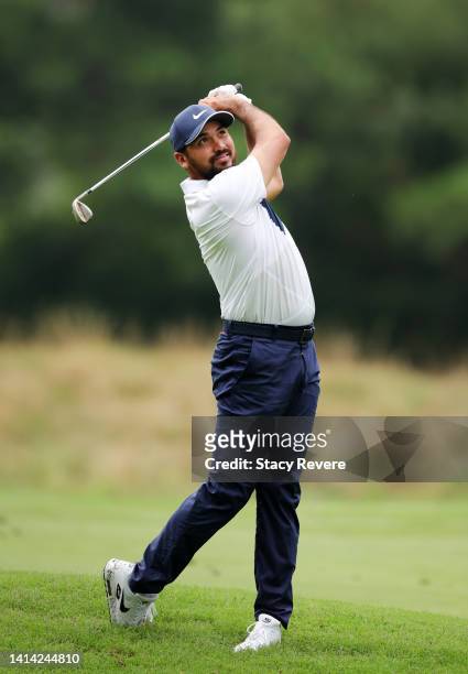 Jason Day of Australia plays a shot on the second hole during the first round of the FedEx St. Jude Championship at TPC Southwind on August 11, 2022...
