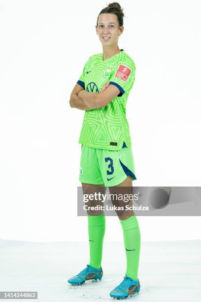 Sara Agrez of VfL Wolfsburg Women poses during the team presentation at AOK-Stadium on August 11, 2022 in Wolfsburg, Germany.