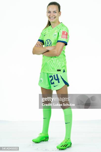 Joelle Wedemeyer of VfL Wolfsburg Women poses during the team presentation at AOK-Stadium on August 11, 2022 in Wolfsburg, Germany.