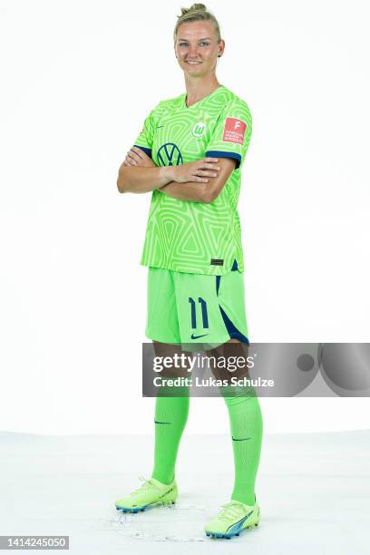 Alexandra Popp of VfL Wolfsburg Women poses during the team presentation at AOK-Stadium on August 11, 2022 in Wolfsburg, Germany.