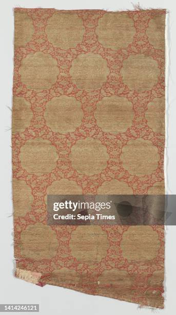 Fragment of red double weave with pattern of scalloped medallions filled with dragon, Fragment of red silk with pattern in gold of scalloped...