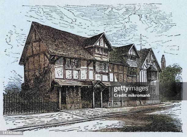 old engraved illustration of birthplace of william shakespeare on henley street in stratford upon avon, warwickshire, england, uk - stratford upon avon stock pictures, royalty-free photos & images