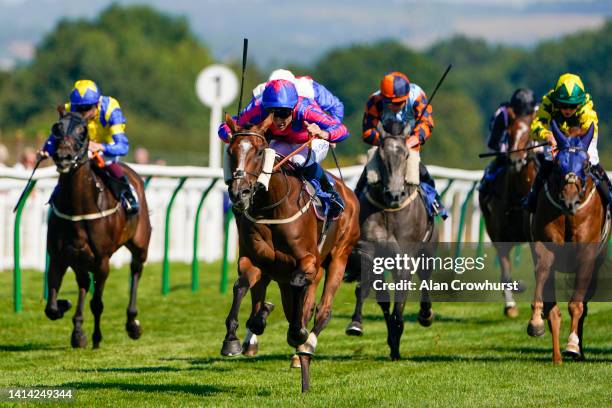 William Carver riding Sly Madam win The M J Church Handicap at Salisbury Racecourse on August 11, 2022 in Salisbury, England.