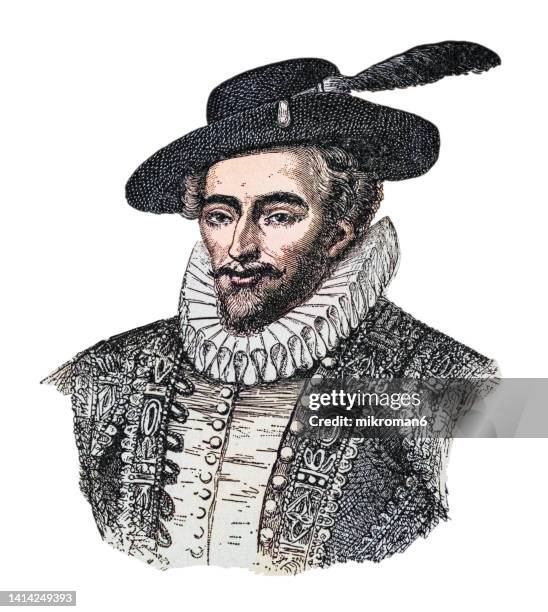 portrait of sir walter raleigh, english landed gentleman, writer, poet, soldier, politician, courtier, spy and explorer - anglican stock pictures, royalty-free photos & images