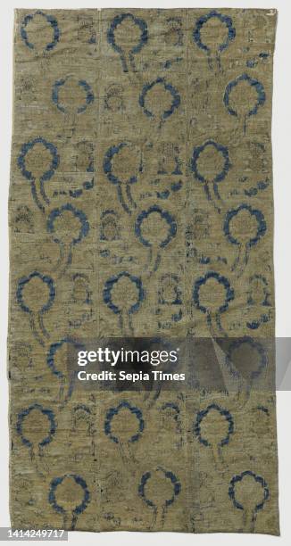 Velvet brocade with pomegranate pattern of blue and gold, Velvet brocade with pomegranate pattern of blue and gold. Texture: the velvet is...