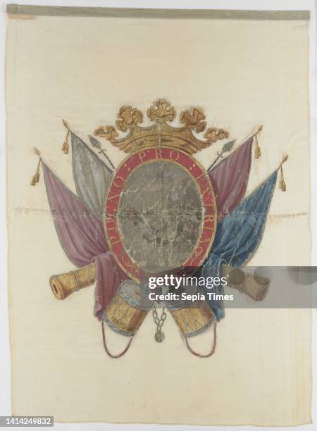 Banner of the regiment of Dutch Guards on foot, Ecru, on the center the full coat of arms of Orange-Nassau, as wielded by William IV and William V,...