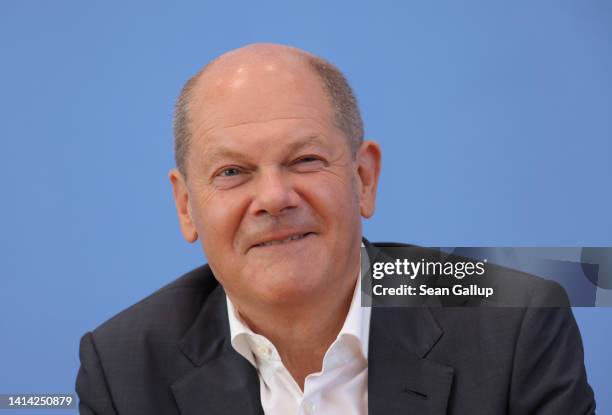 German Chancellor Olaf Scholz speaks to the media at a press conference on August 11, 2022 in Berlin, Germany. Scholz spoke to a variety of topics,...
