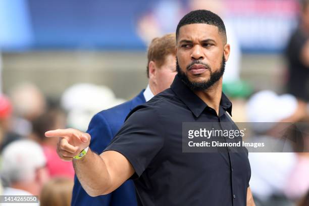 Former NFL quarterback Jason Campbell looks on during the Pro Football Hall of Fame Enshrinement on August 06, 2022 in Canton, Ohio.