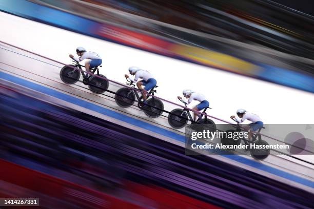 Rhys Britton, Kian Emadi, Charlie Tanfield and Oliver Wood of Great Britain compete in the Men's Team Pursuit Qualifying during the cycling track...