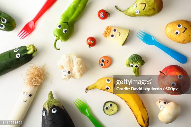 Variety Of Funny Fruits And Vegetables Presented For Childrens Nutrition  High-Res Stock Photo - Getty Images