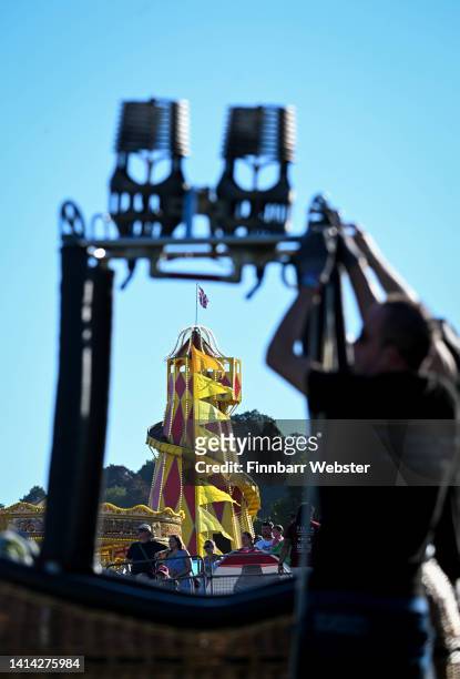 The helter skelter is seen through a balloon basket at Bristol International Balloon Fiesta at Ashton Court Estate, on August 11, 2022 in Bristol,...