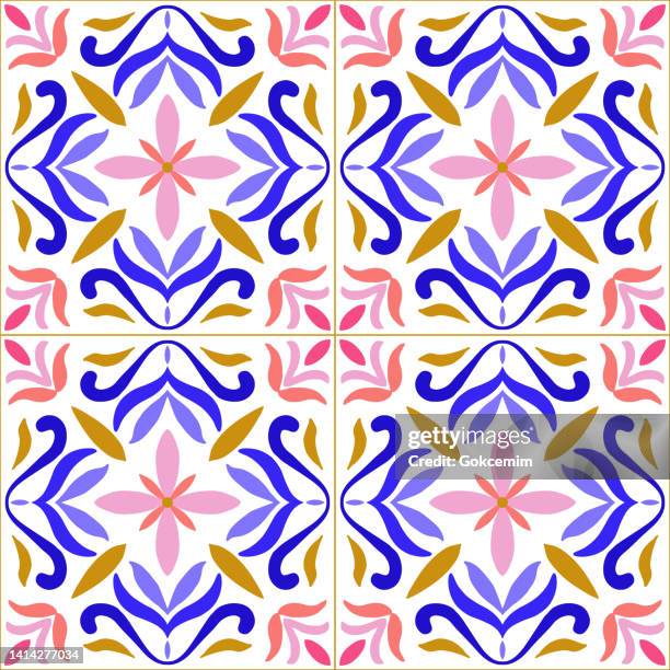 bildbanksillustrationer, clip art samt tecknat material och ikoner med blue, yellow and pink portuguese azulejo seamless pattern. moroccan ceramic tile. vector lisbon arabic floral mosaic, mediterranean ornament. - porcelain