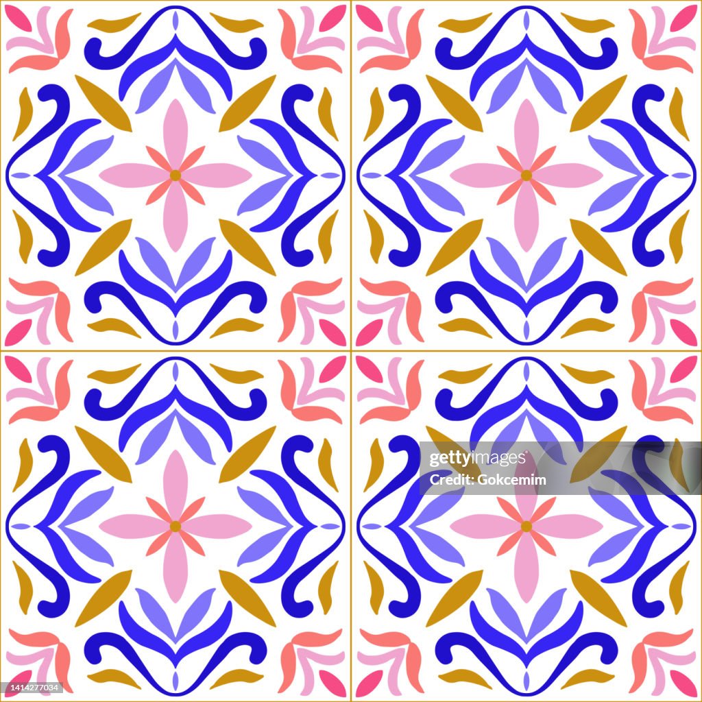Blue, Yellow and Pink Portuguese Azulejo Seamless Pattern. Moroccan Ceramic Tile. Vector Lisbon Arabic Floral Mosaic, Mediterranean Ornament.