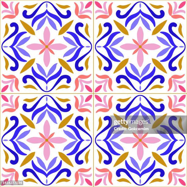blue, yellow and pink portuguese azulejo seamless pattern. moroccan ceramic tile. vector lisbon arabic floral mosaic, mediterranean ornament. - spanish culture 幅插畫檔、美工圖案、卡通及圖標