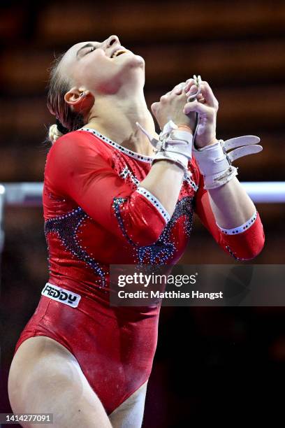 Asia D'Amato of Italy celebrates after competing on the uneven bars during the Women's Artistic Gymnastics Subdivision 4 competition on day 1 of the...