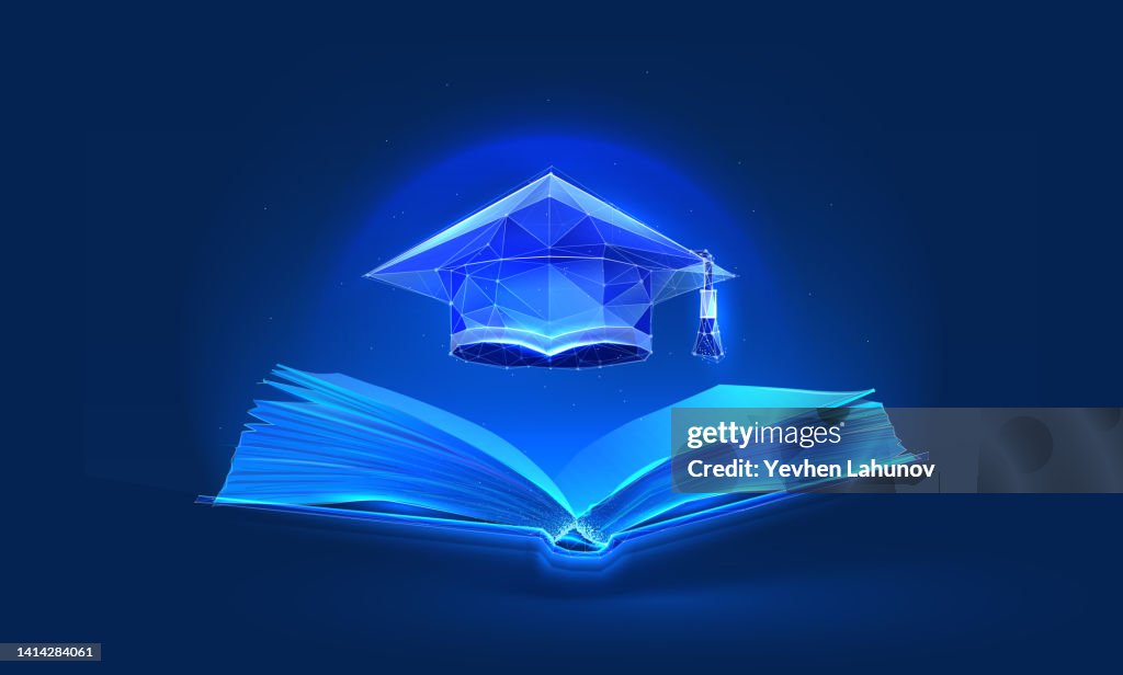Learn online in digital futuristic style. Graduation cap silhouette with book, online higher education concept. Vector illustration e-education concept on dark night background