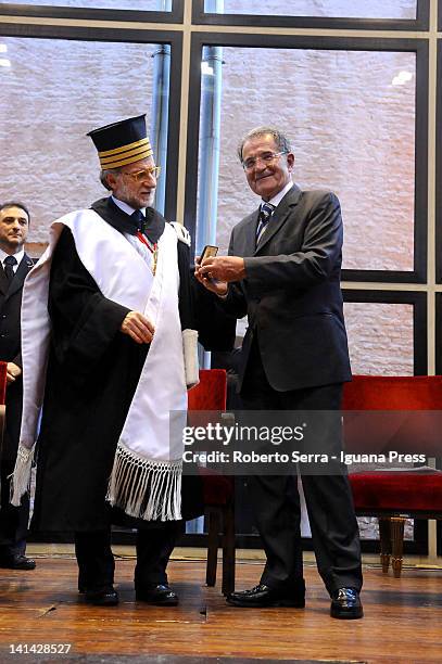 Ivano Dionigi, Rector, University of Bologna and Romano Prodi Former President of European Commision attends Sigillum Magnum ceremony at Aula Magna...