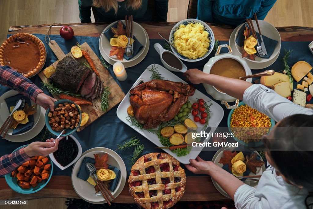 Stuffed Turkey for Thanksgiving Holidays with Pumpkin, Peas, Pecan, Berry Pie, Cheese Variations and Other Ingredient