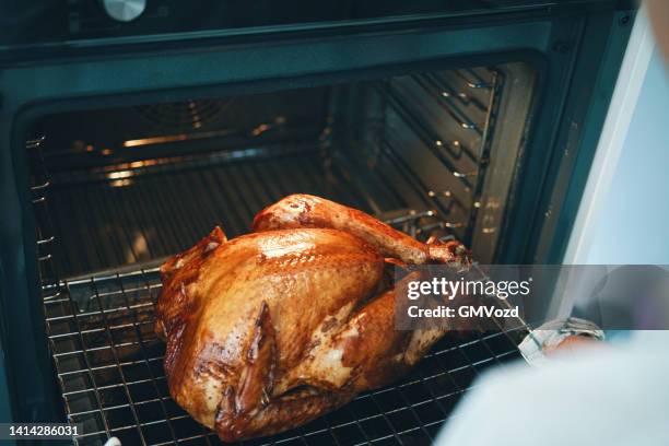 preparing stuffed turkey for thanksgiving holidays - turkey stock pictures, royalty-free photos & images