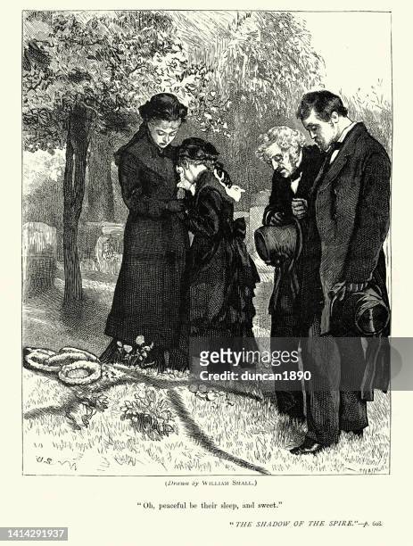 vintage illustration family grieving together at graveside, victorian death, 1870s, 19th century - cemetery stock illustrations
