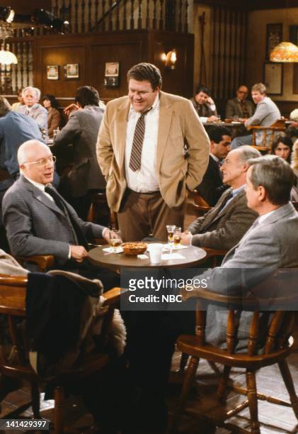Cheers" Episode 24 -- Pictured: Norman Lloyd as Dr. Daniel Auschlander, George Wendt as Norm Peterson, Ed Flanders as Dr. Donald Westphall, William...