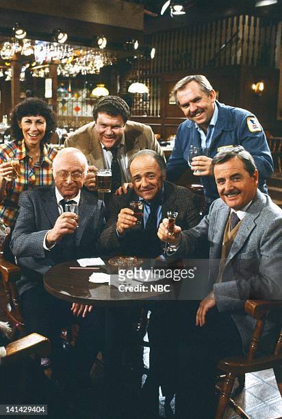 Cheers" Episode 24 -- Pictured: Rhea Perlman as Carla Tortelli, George Wendt as Norm Peterson, John Ratzenberger as Cliff Clavin Norman Lloyd as Dr....