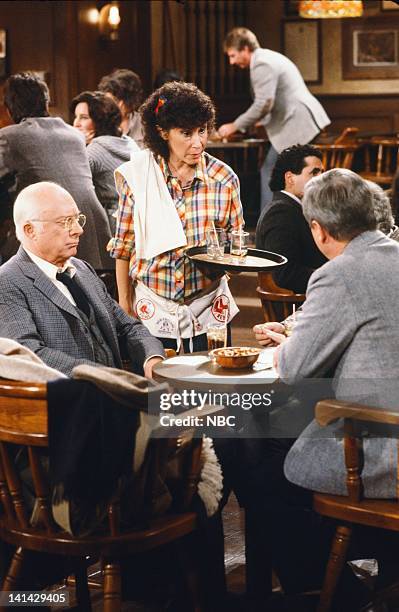 Cheers" Episode 24 -- Pictured: Norman Lloyd as Dr. Daniel Auschlander, Rhea Perlman as Carla Tortelli -- Photo by: Gary Null/NBCU Photo Bank