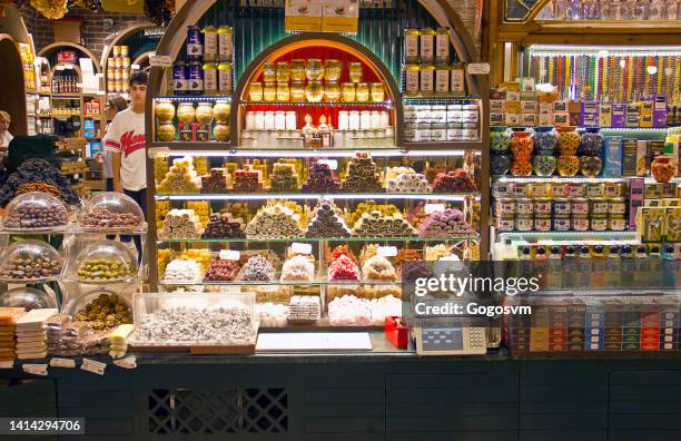 mısır çarşısı - egyptian spice bazaar istanbul - turkish delight stock pictures, royalty-free photos & images