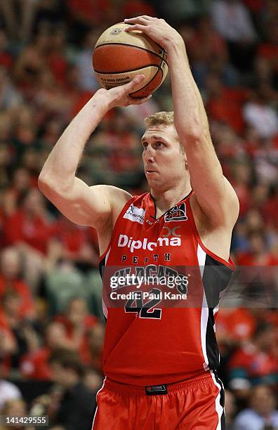 Shawn Redhage of the Wildcats shoots a free throw during the round 24 NBL match between the Perth Wildcats and the Townsville Crocodiles at Challenge...