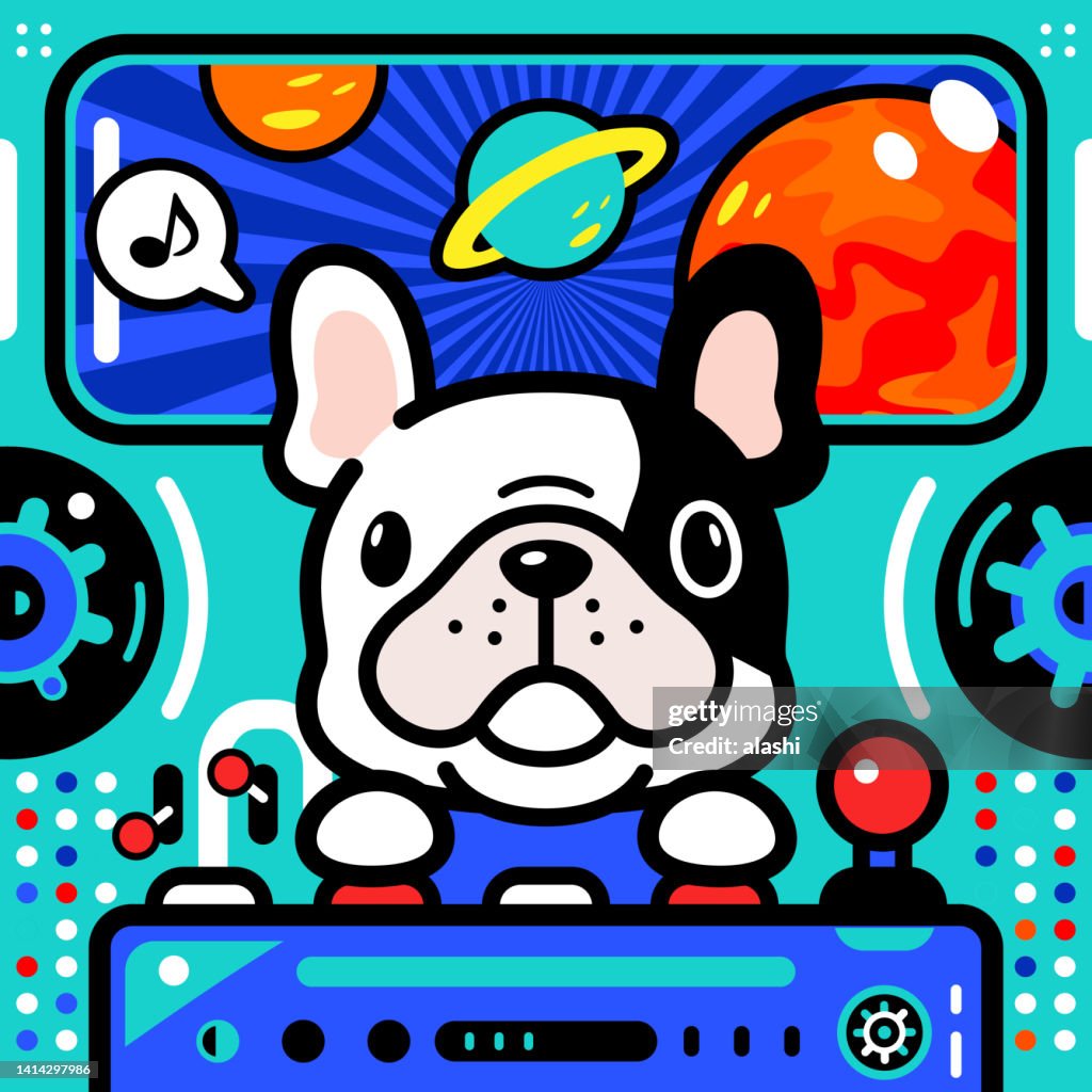 A cute piebald French bulldog is piloting an Unlimited Power Spaceship or UFO arriving on Mars