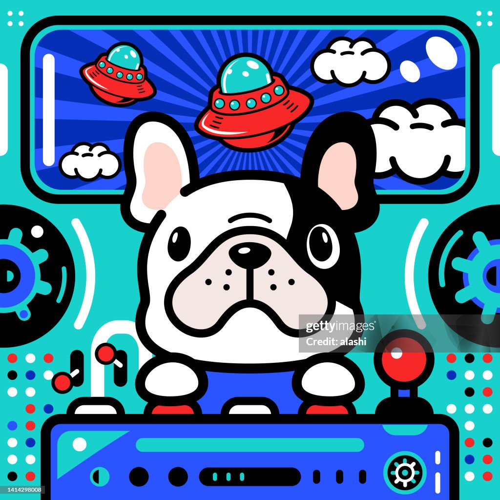 A cute piebald French bulldog is piloting an Unlimited Power Spaceship fighting with UFO