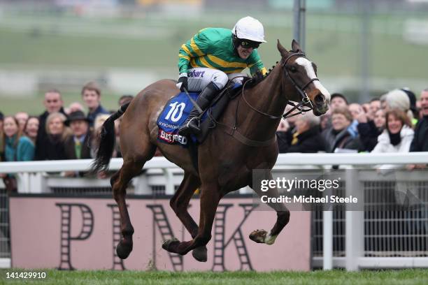 Synchronised ridden by Tony McCoy on his way to winning the Cheltenham Gold Cup Steeplechase race at Cheltenham Racecourse on March 16, 2012 in...