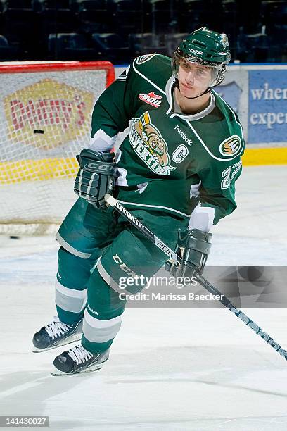 Ryan Murray of the Everett Silvertips skates during warm up against the Kelowna Rockets on March 14, 2012 at Prospera Place in Kelowna, British...