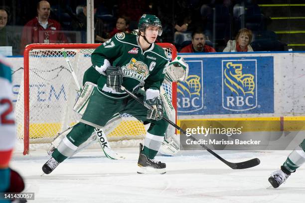 Ryan Murray of the Everett Silvertips skates on the ice against the Kelowna Rockets on March 14, 2012 at Prospera Place in Kelowna, British Columbia,...