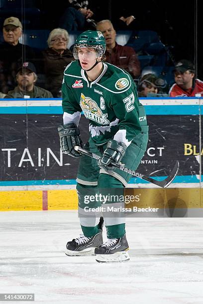 Ryan Murray of the Everett Silvertips skates on the ice against the Kelowna Rockets on March 14, 2012 at Prospera Place in Kelowna, British Columbia,...