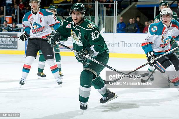 Ryan Murray of the Everett Silvertips skates on the ice against the Kelowna Rockets on March 14, 2012 at Prospera Place in Kelowna, British Columbia,...