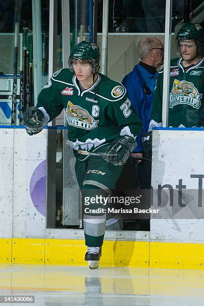 Ryan Murray of the Everett Silvertips enters the ice at the start of third period against the Kelowna Rockets on March 14, 2012 at Prospera Place in...