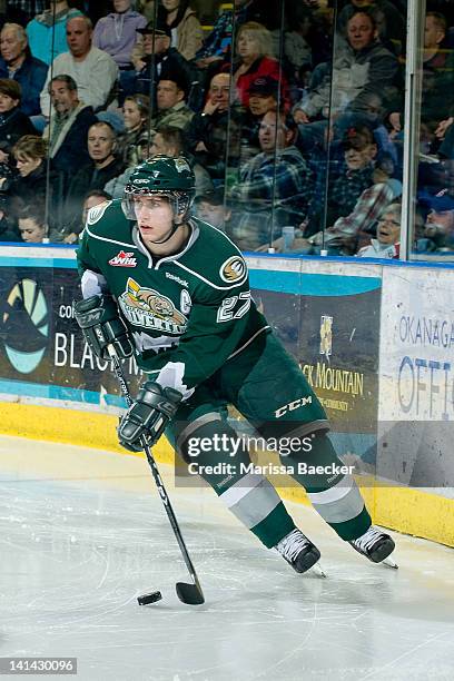 Ryan Murray of the Everett Silvertips skates with the puck on the ice against the Kelowna Rockets on March 14, 2012 at Prospera Place in Kelowna,...