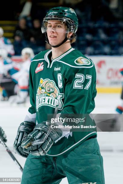 Ryan Murray of the Everett Silvertips skates on the ice during warm up against the Kelowna Rockets on March 14, 2012 at Prospera Place in Kelowna,...