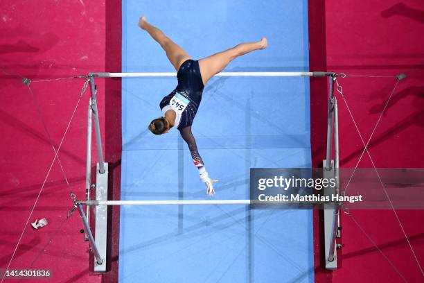 Georgia-Mae Fenton of Great Britain competes on the uneven bars during the Women's Artistic Gymnastics Subdivision 4 competition on day 1 of the...