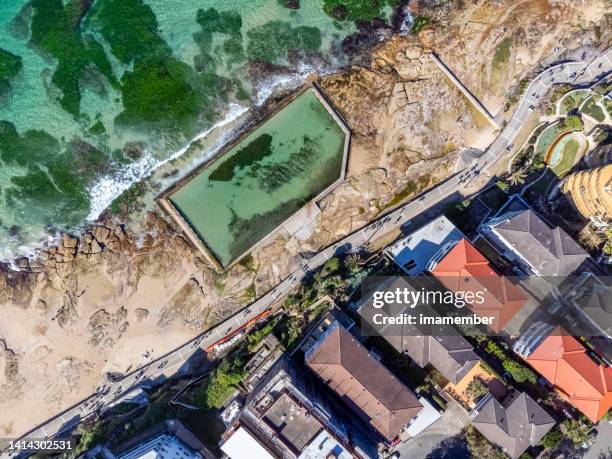 aerial view of beautiful coastal town with ocean swimming pool, background with copy space - house with pool australia stock pictures, royalty-free photos & images