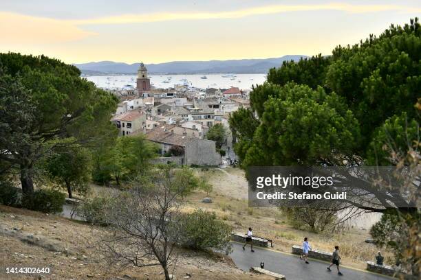 General view of tourists visiting the Saint Tropez on August 11, 2022 in Saint Tropez, France. Saint-Tropez is a town on the French Riviera which is...