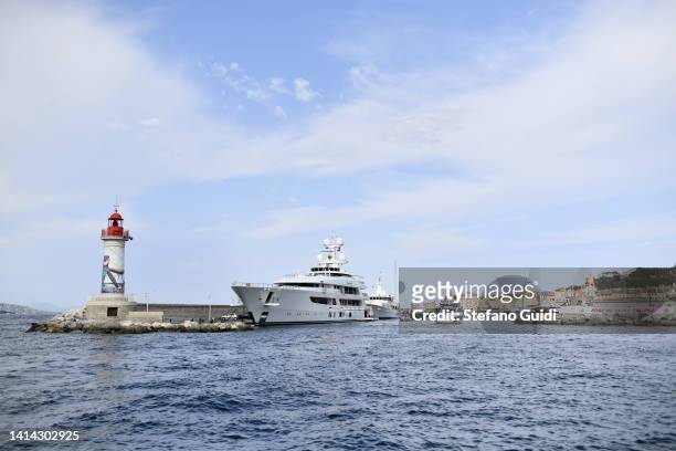 General view of port of Saint Tropez and its lighthouse on August 11, 2022 in Saint Tropez, France. Saint-Tropez is a town on the French Riviera...