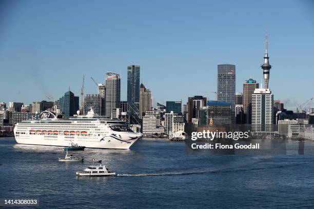 The Pacific Explorer arrives in Auckland Harbour on August 12, 2022 in Auckland, New Zealand. The Pacific Explorer is the first cruise ship to arrive...