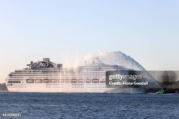 The Pacific Explorer arrives in Auckland Harbour on August 12, 2022 in Auckland, New Zealand. The Pacific Explorer is the first cruise ship to arrive...